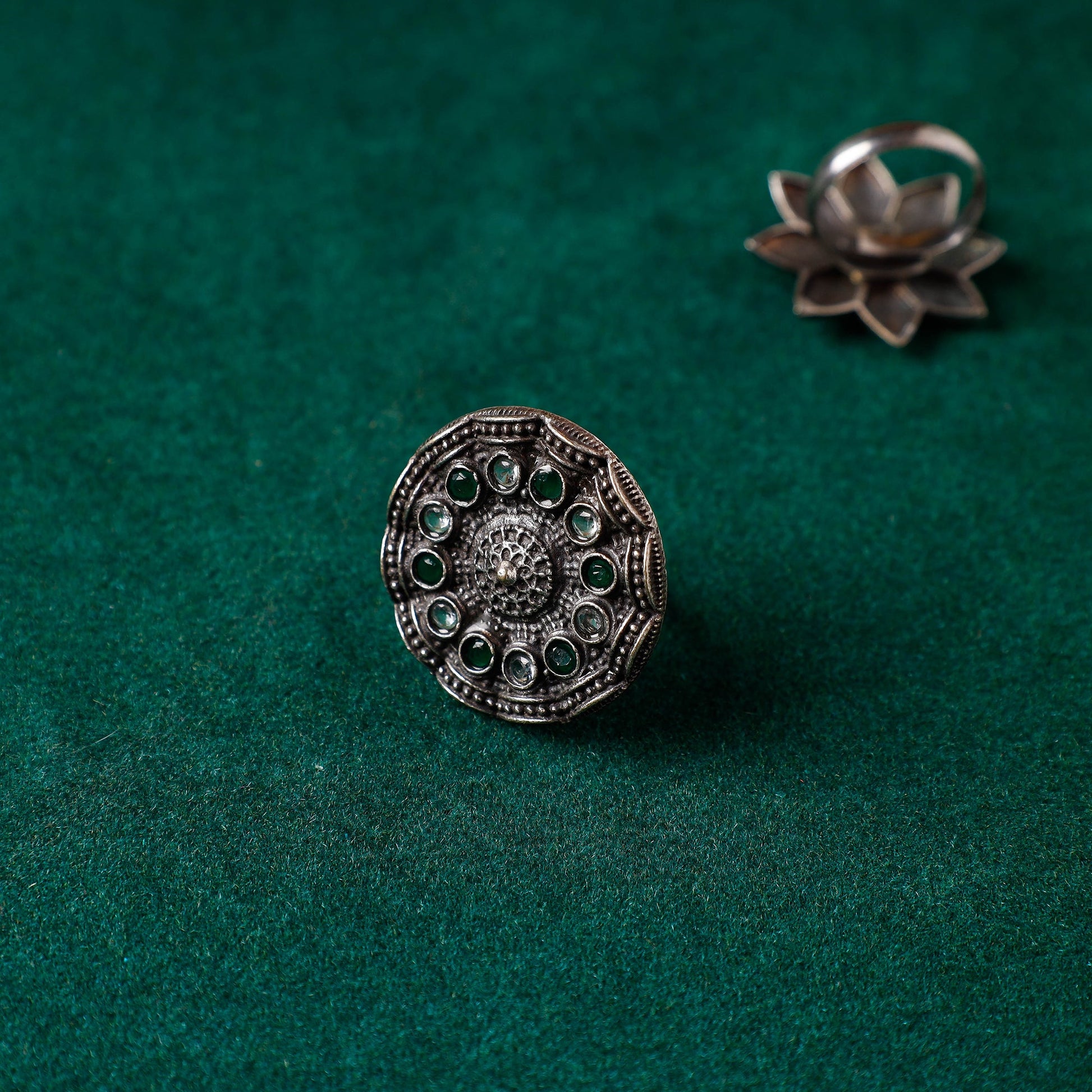Antique Silver Finish Oxidised Brass Base Stone Work Ring (Adjustable)