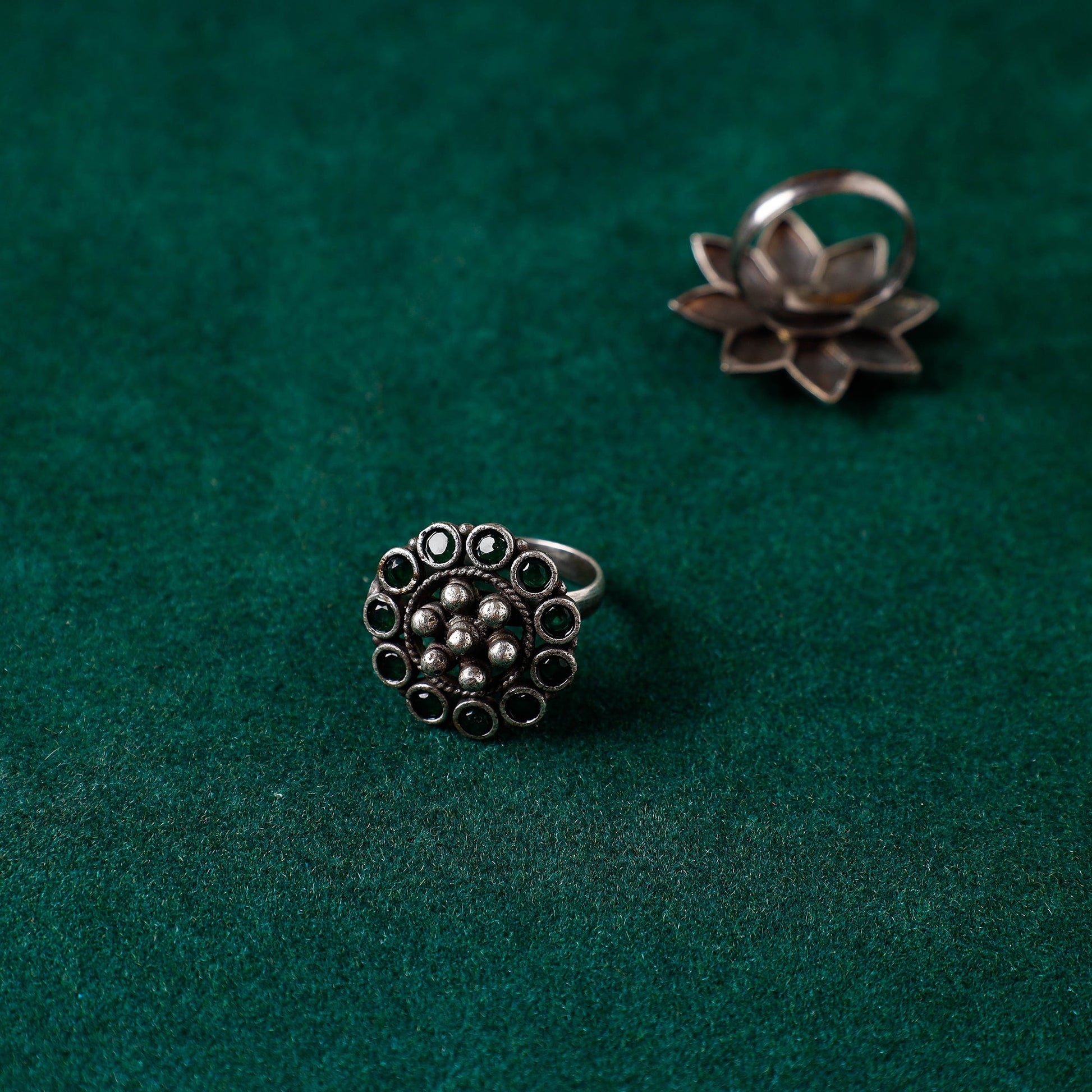 Antique Silver Finish Oxidised Brass Base Stone Work Ring (Adjustable)
