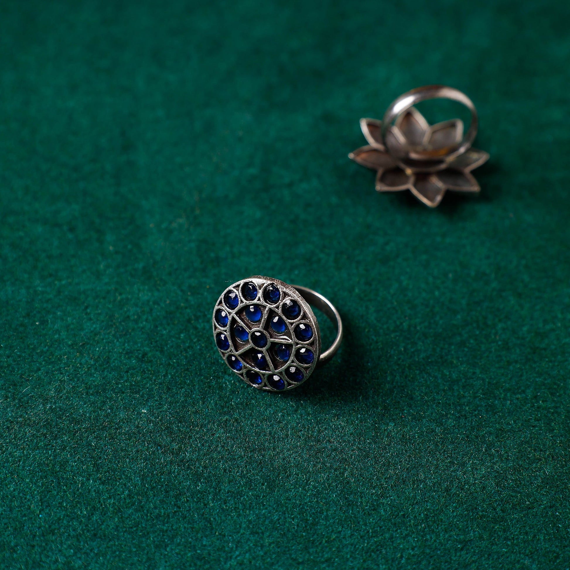 Antique Silver Finish Oxidised Brass Base Stone Work Ring (Adjustable)