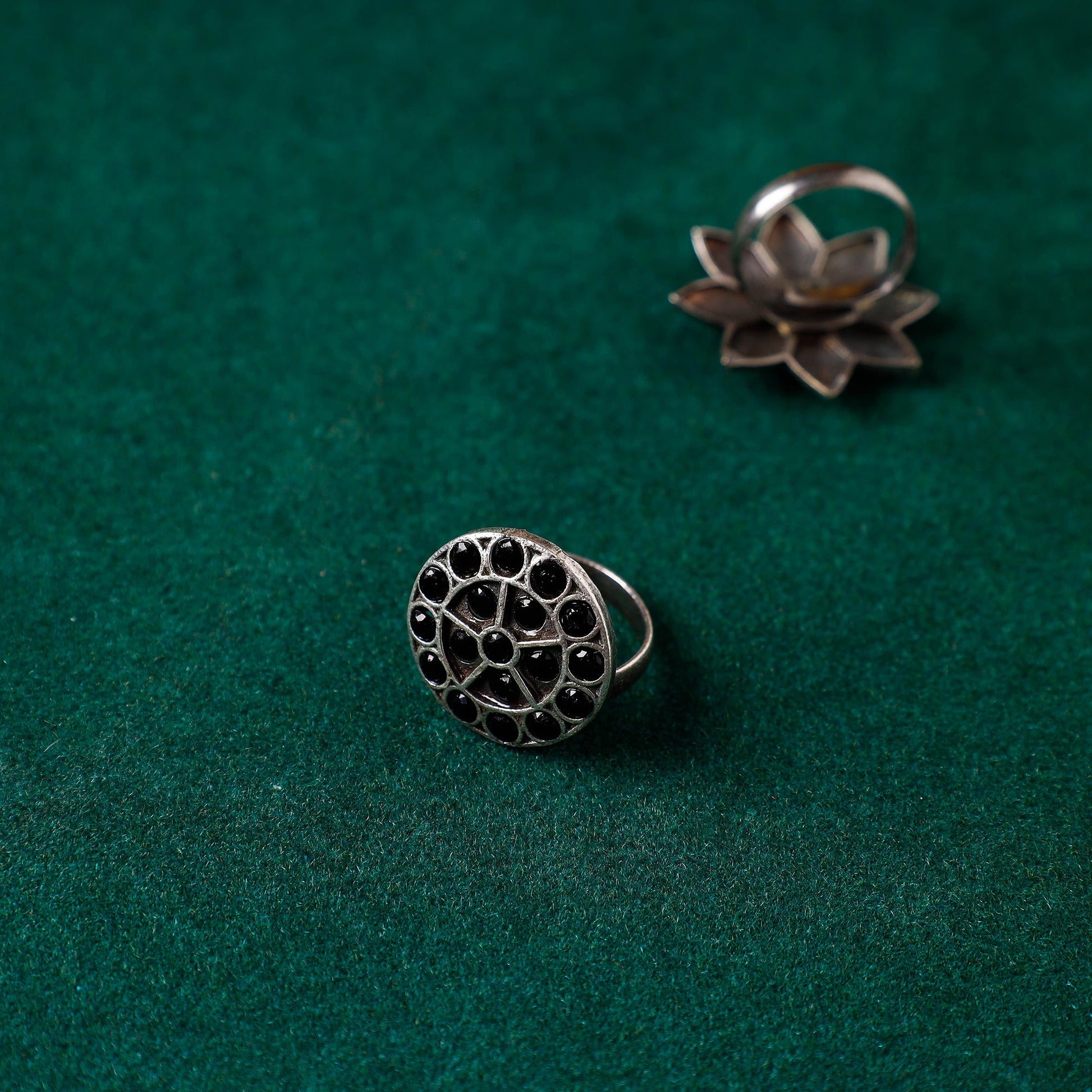 Antique Silver Finish Oxidised Brass Base Stone Work Ring (Adjustable)