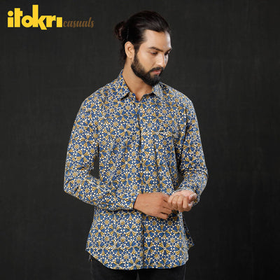 Blue - Geometric Flowers Ajrakh Block Printed Cotton Men Full Sleeve Shirt