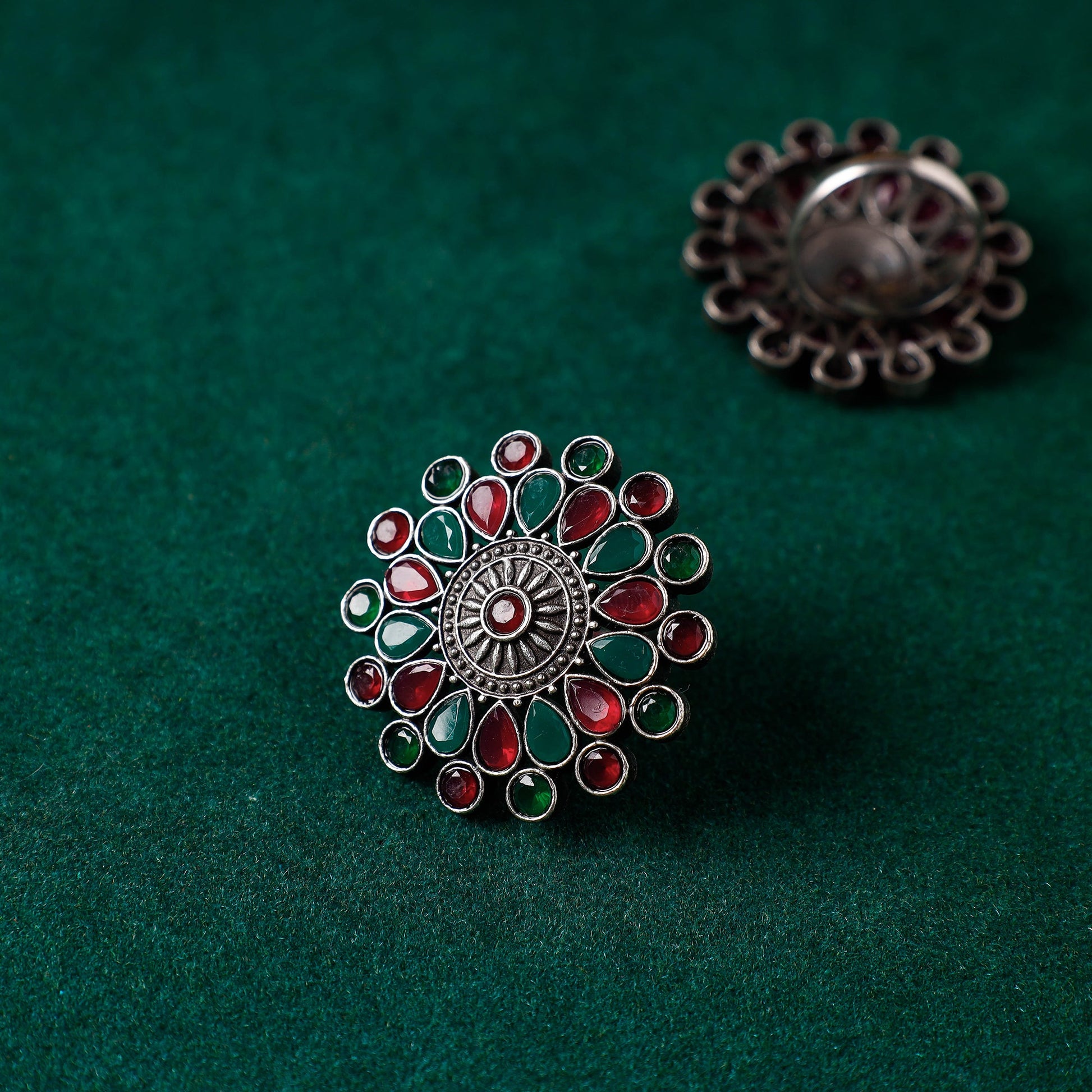 Antique Silver Finish Oxidised Brass Base Stone Work Ring (Adjustable)