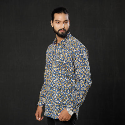 Blue - Geometric Flowers Ajrakh Block Printed Cotton Men Full Sleeve Shirt