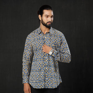 Blue - Geometric Flowers Ajrakh Block Printed Cotton Men Full Sleeve Shirt
