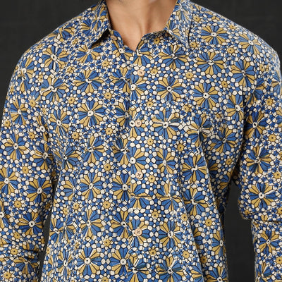 Blue - Geometric Flowers Ajrakh Block Printed Cotton Men Full Sleeve Shirt