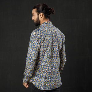 Blue - Geometric Flowers Ajrakh Block Printed Cotton Men Full Sleeve Shirt