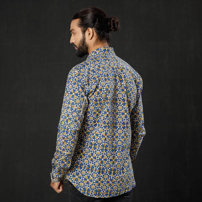 Blue - Geometric Flowers Ajrakh Block Printed Cotton Men Full Sleeve Shirt