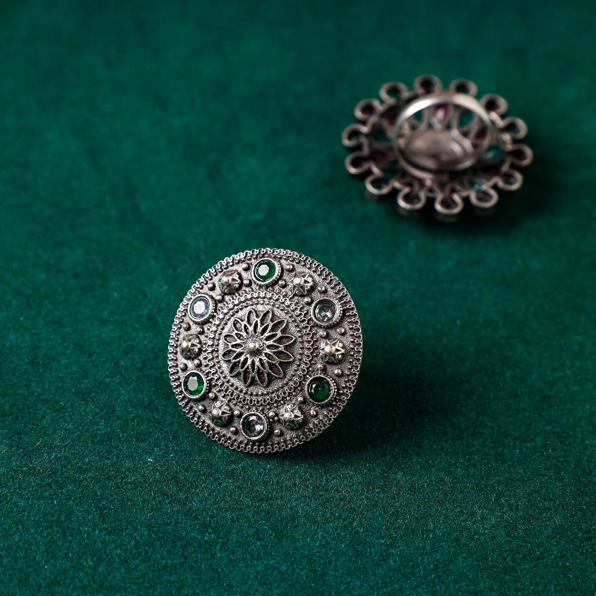 Antique Silver Finish Oxidised Brass Base Stone Work Ring (Adjustable)