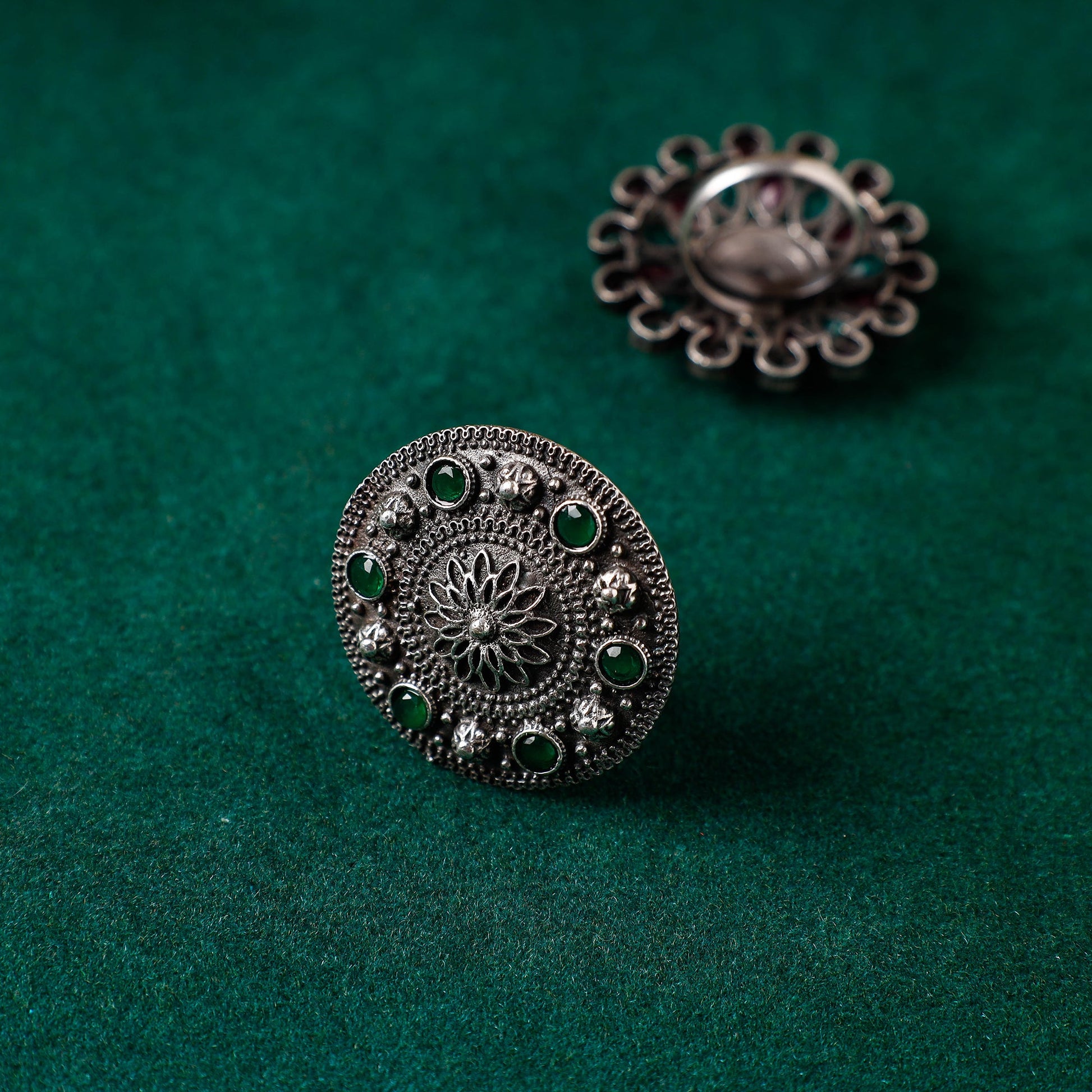 Antique Silver Finish Oxidised Brass Base Stone Work Ring (Adjustable)