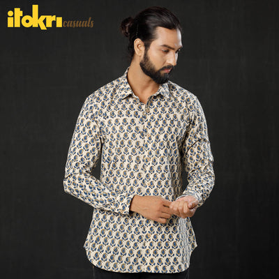 Beige - Leaf Buta Ajrakh Block Printed Cotton Men Full Sleeve Shirt