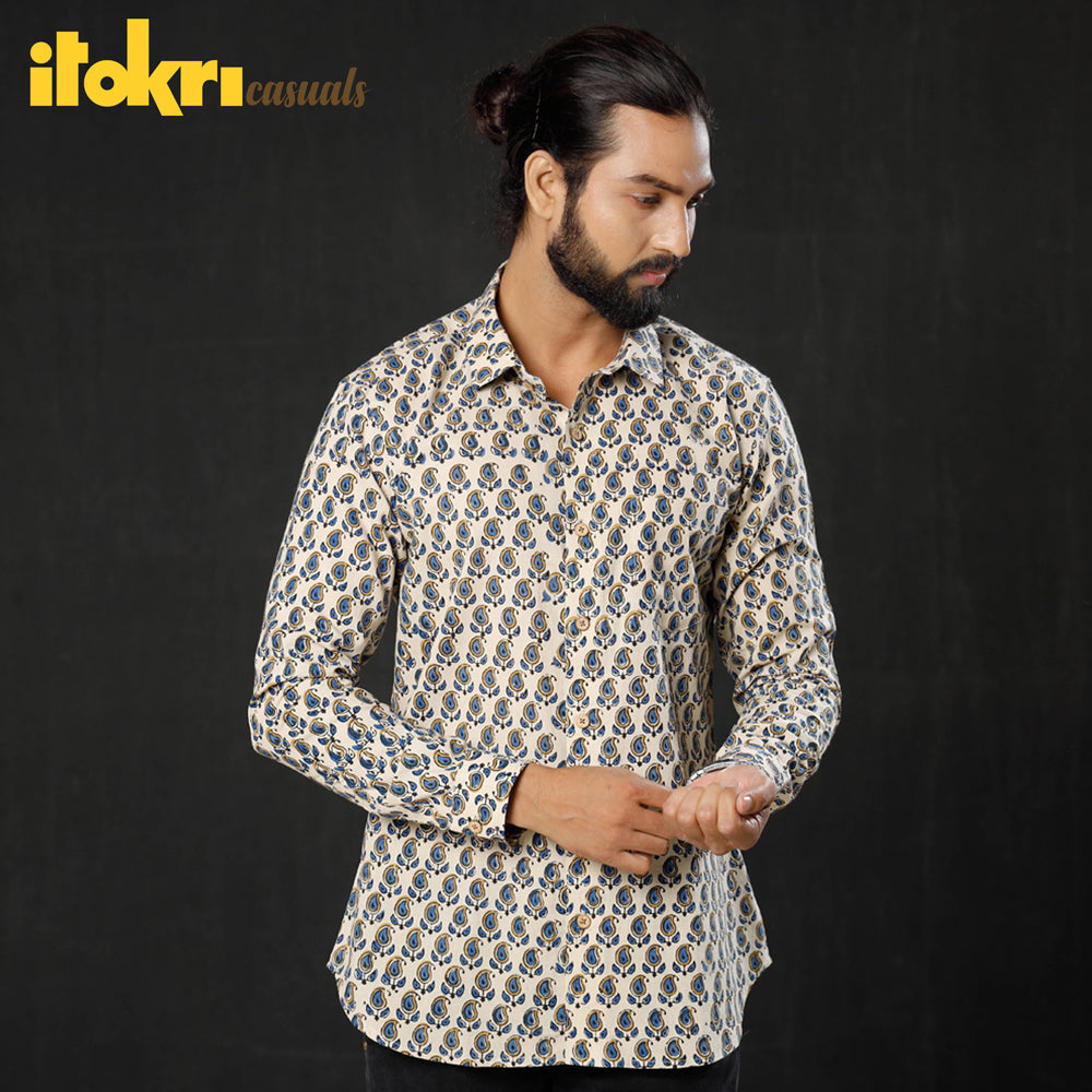 Beige - Leaf Buta Ajrakh Block Printed Cotton Men Full Sleeve Shirt