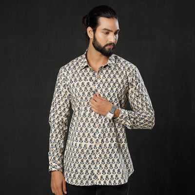 Beige - Leaf Buta Ajrakh Block Printed Cotton Men Full Sleeve Shirt