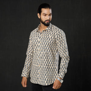 Beige - Leaf Buta Ajrakh Block Printed Cotton Men Full Sleeve Shirt