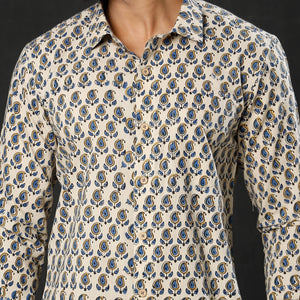 Beige - Leaf Buta Ajrakh Block Printed Cotton Men Full Sleeve Shirt