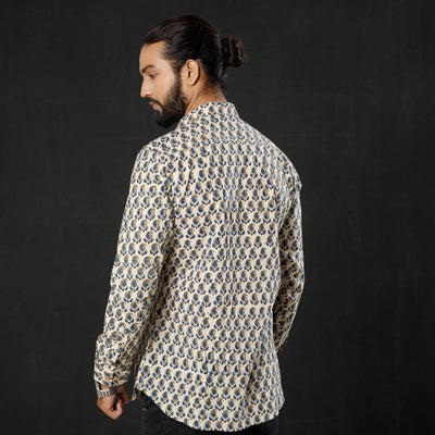 Beige - Leaf Buta Ajrakh Block Printed Cotton Men Full Sleeve Shirt