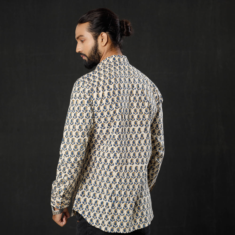 Beige - Leaf Buta Ajrakh Block Printed Cotton Men Full Sleeve Shirt