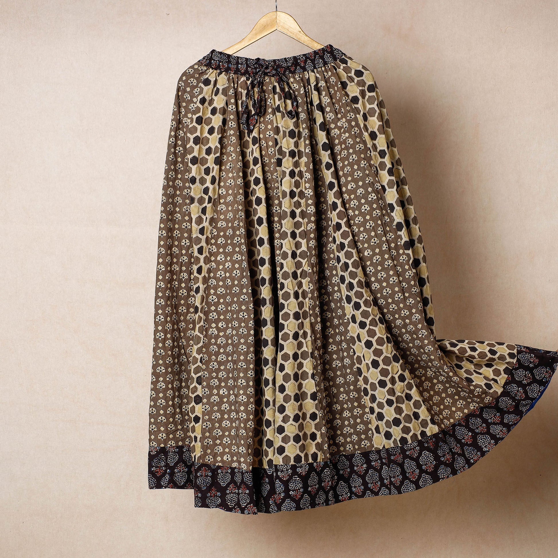 Brown - 24 Kali Ajrakh Block Printed Patchwork Cotton Long Skirt