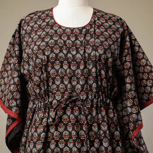 Black - Ajrakh Hand Block Printed Cotton Kaftan with Tie-Up Waist (Long)