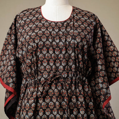 Black - Ajrakh Hand Block Printed Cotton Kaftan with Tie-Up Waist (Long)