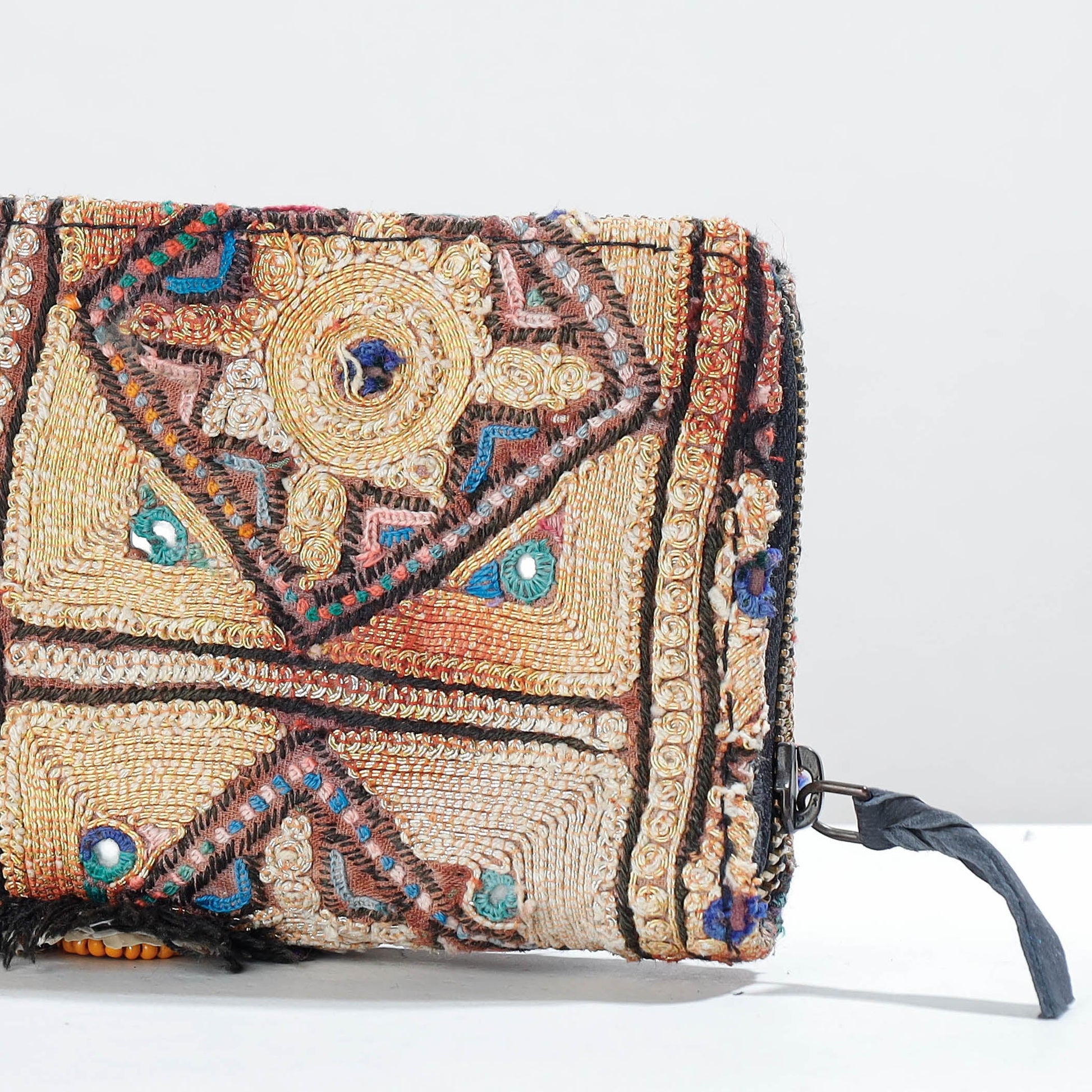 Beige - Banjara Vintage Embroidery Mirror Work Wallet