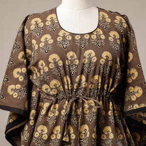 Brown - Ajrakh Hand Block Printed Cotton Kaftan with Tie-Up Waist (Short)