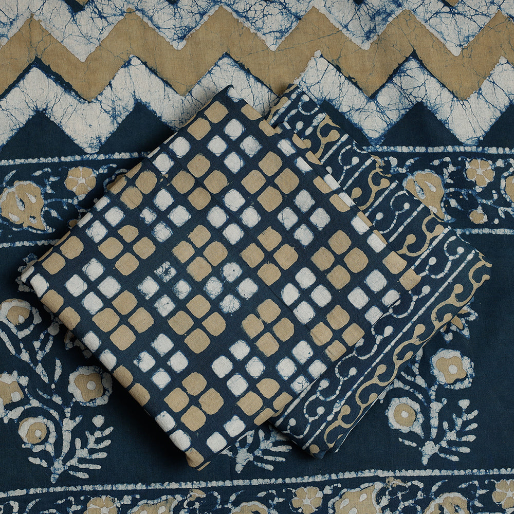 Blue - 3pc Cotton Block Printed Pipad Dress Material Set