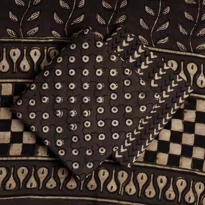 Brown - 3pc Cotton Block Printed Pipad Dress Material Set
