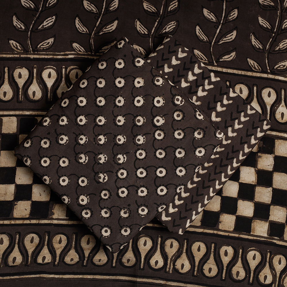 Brown - 3pc Cotton Block Printed Pipad Dress Material Set