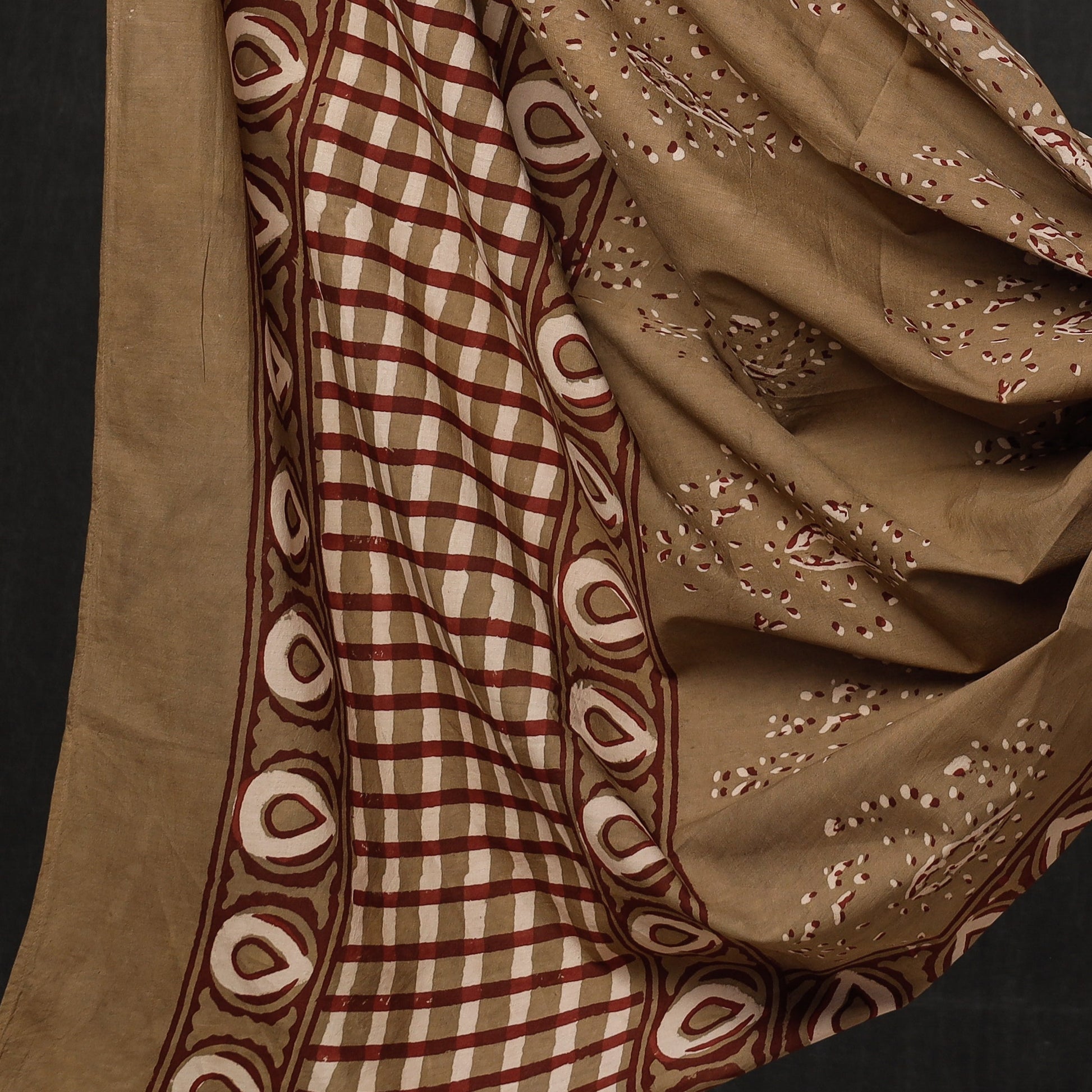 Brown - 3pc Cotton Block Printed Pipad Dress Material Set