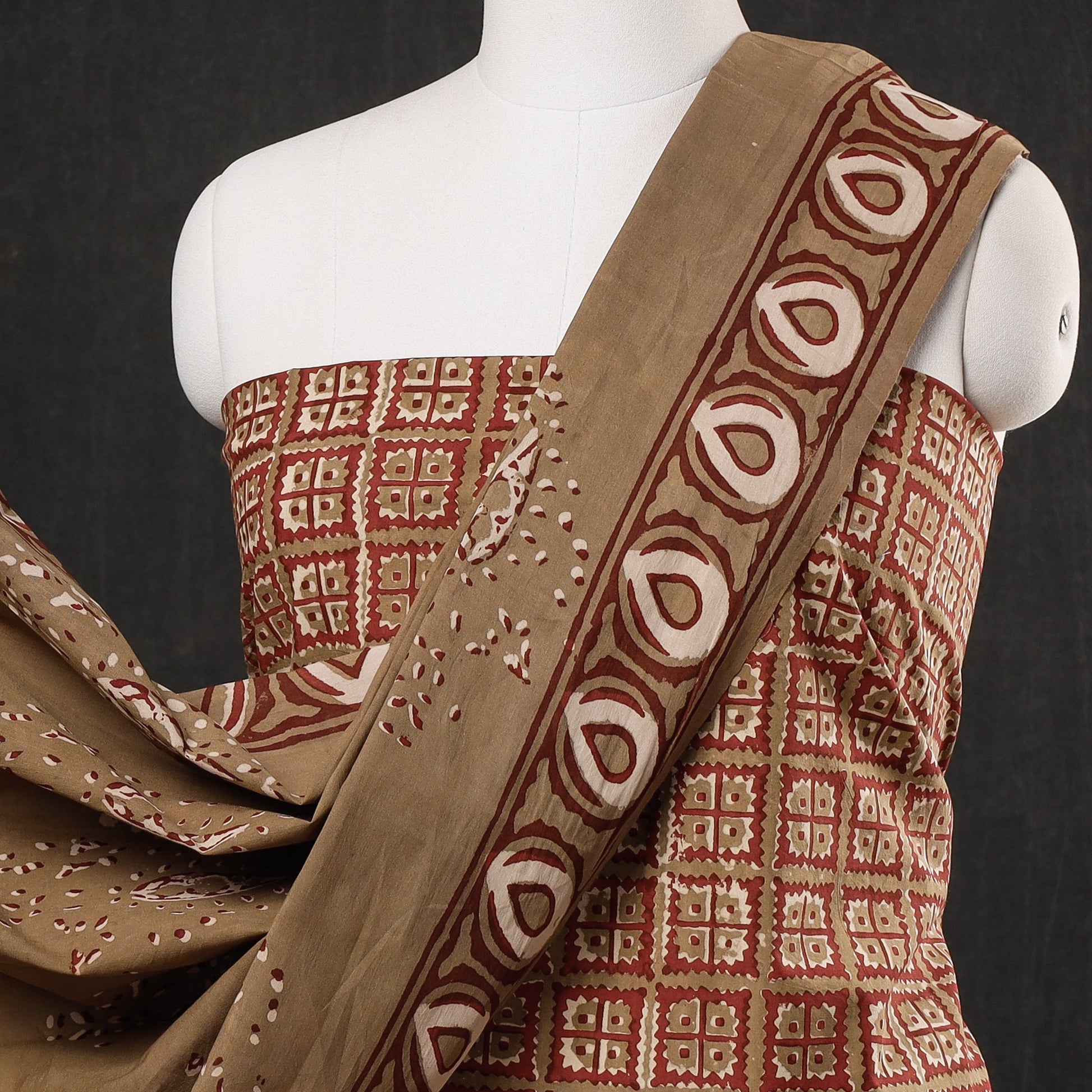 Brown - 3pc Cotton Block Printed Pipad Dress Material Set
