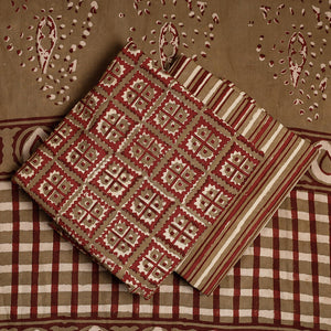 Brown - 3pc Cotton Block Printed Pipad Dress Material Set