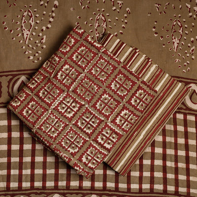 Brown - 3pc Cotton Block Printed Pipad Dress Material Set