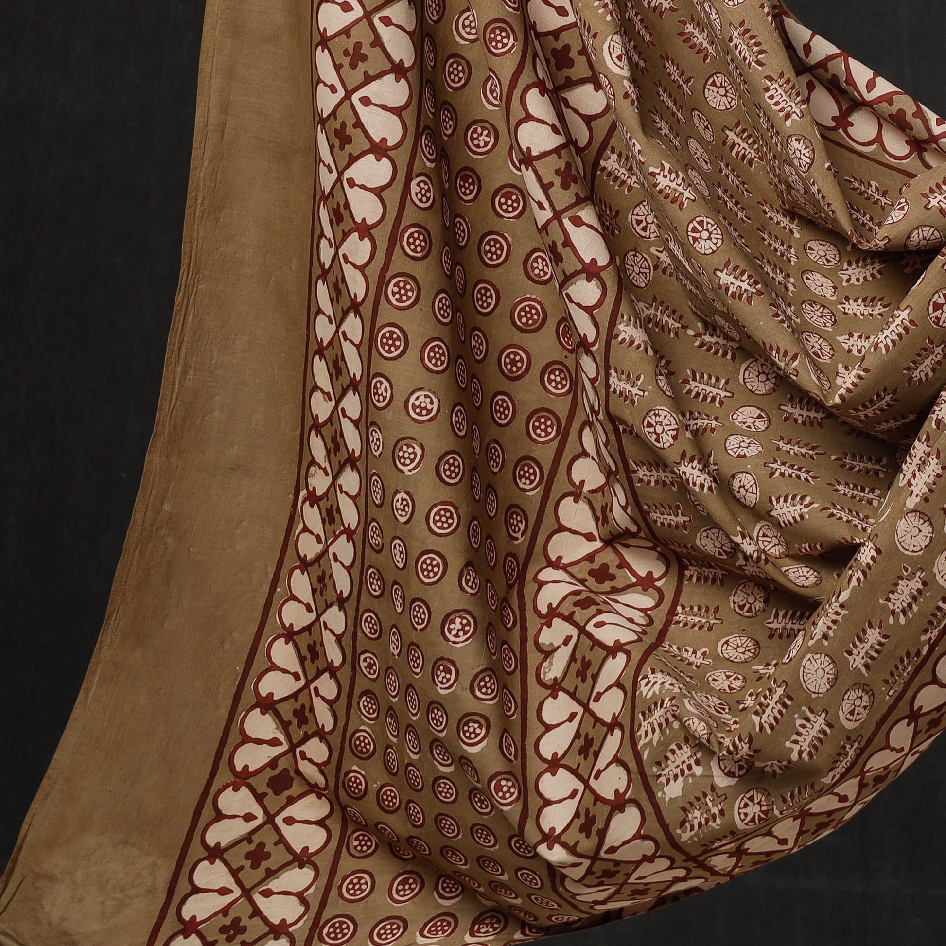 Brown - 3pc Cotton Block Printed Pipad Dress Material Set