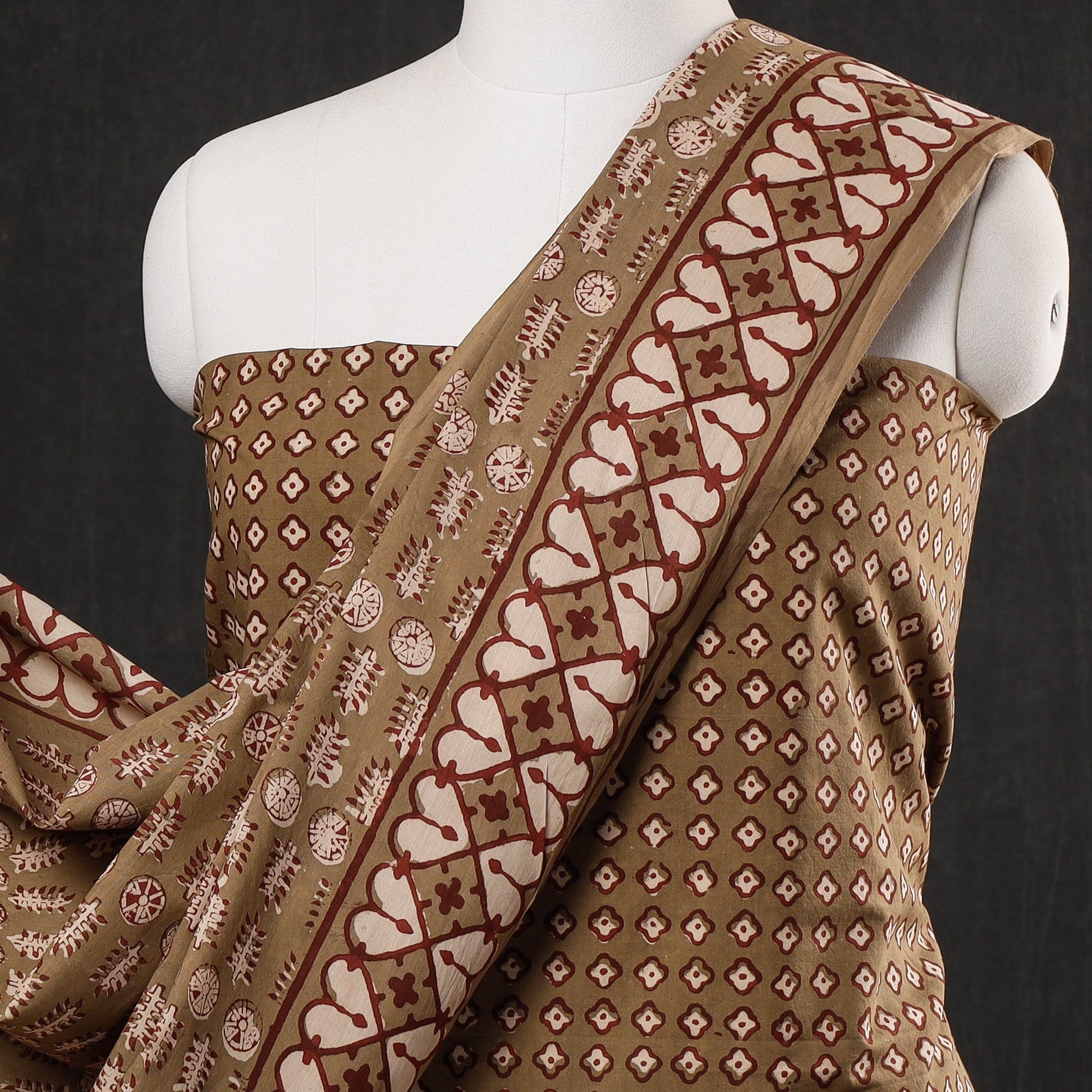 Brown - 3pc Cotton Block Printed Pipad Dress Material Set