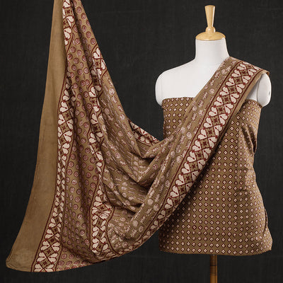 Brown - 3pc Cotton Block Printed Pipad Dress Material Set