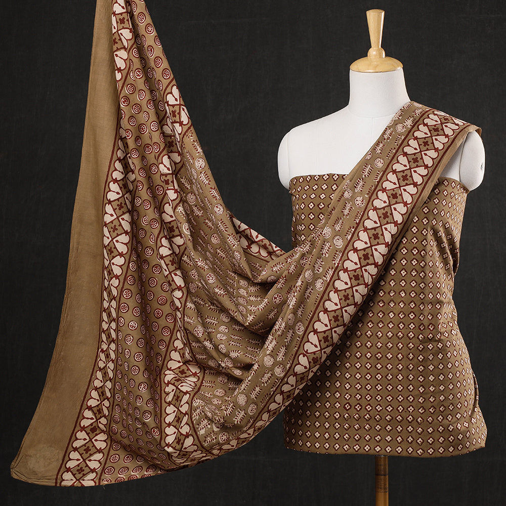 Brown - 3pc Cotton Block Printed Pipad Dress Material Set