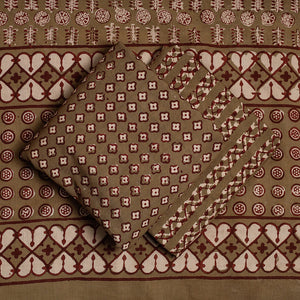 Brown - 3pc Cotton Block Printed Pipad Dress Material Set