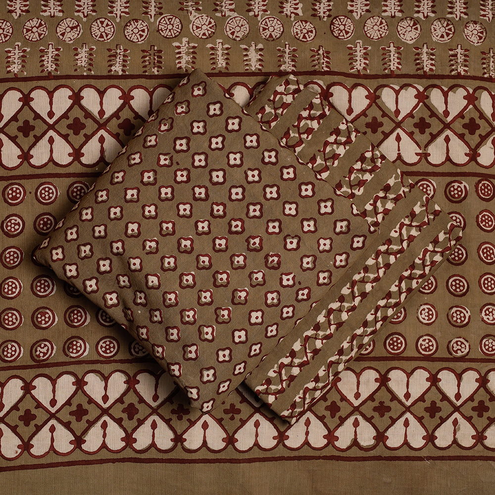 Brown - 3pc Cotton Block Printed Pipad Dress Material Set