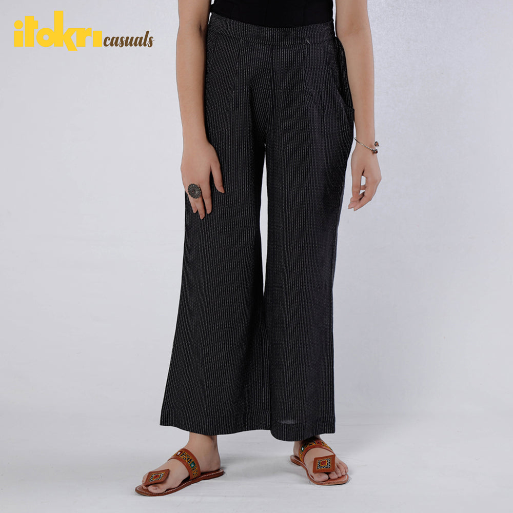 Black - Running Stitch Cotton Palazzo by iTokri Casuals