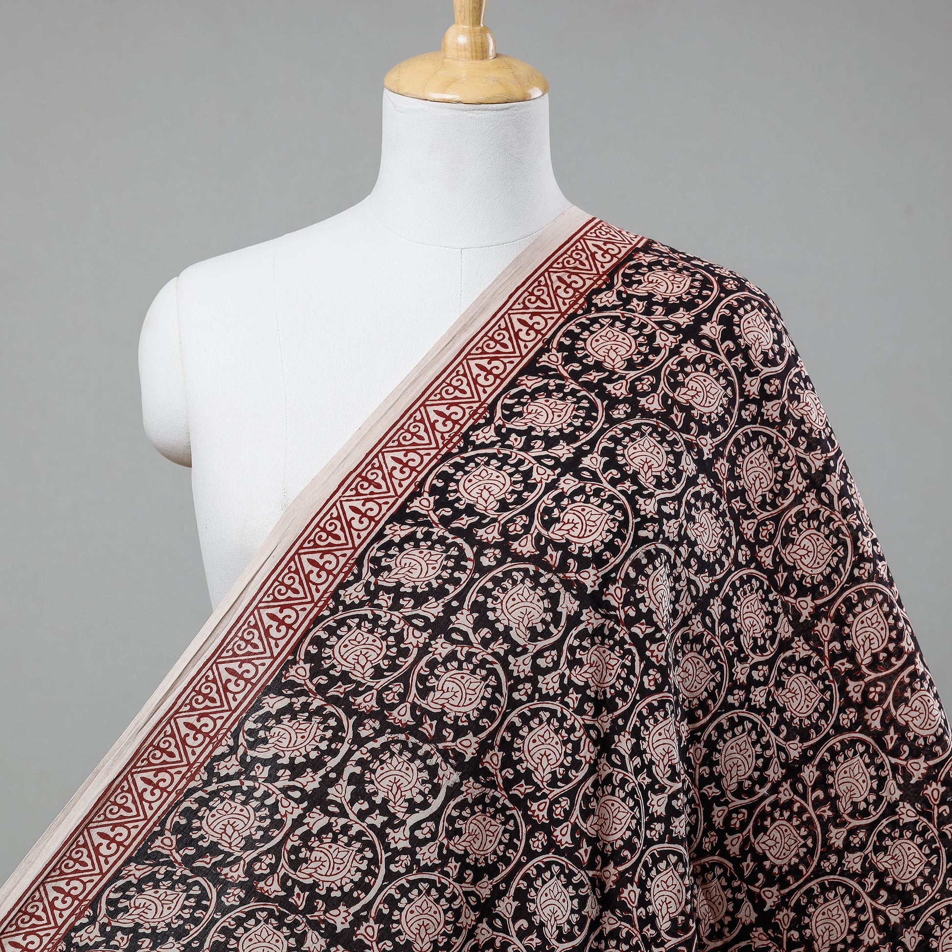 Black - Bagh Hand Block Printed Mul Cotton Fabric