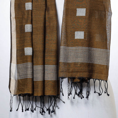 Brown - Phulia Jamdani Handloom Cotton Stole with Tassels