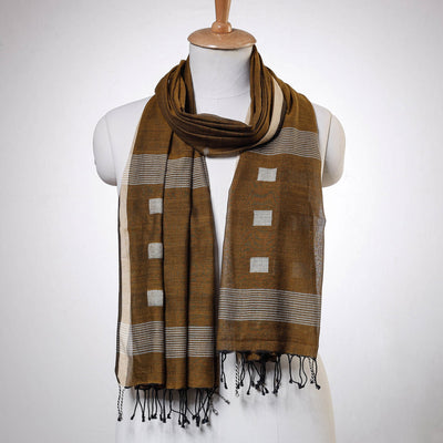 Brown - Phulia Jamdani Handloom Cotton Stole with Tassels