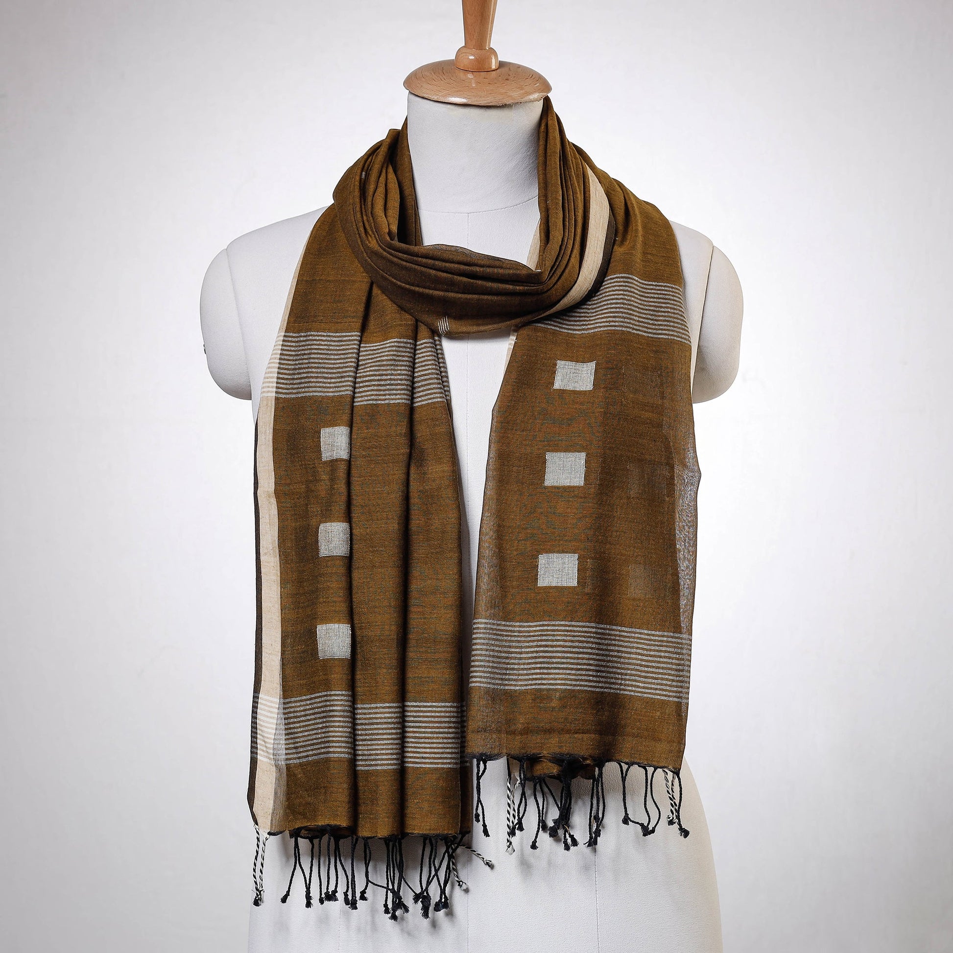Brown - Phulia Jamdani Handloom Cotton Stole with Tassels