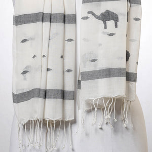 Beige - Phulia Jamdani Handloom Cotton Stole with Tassels
