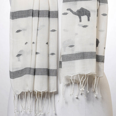 Beige - Phulia Jamdani Handloom Cotton Stole with Tassels