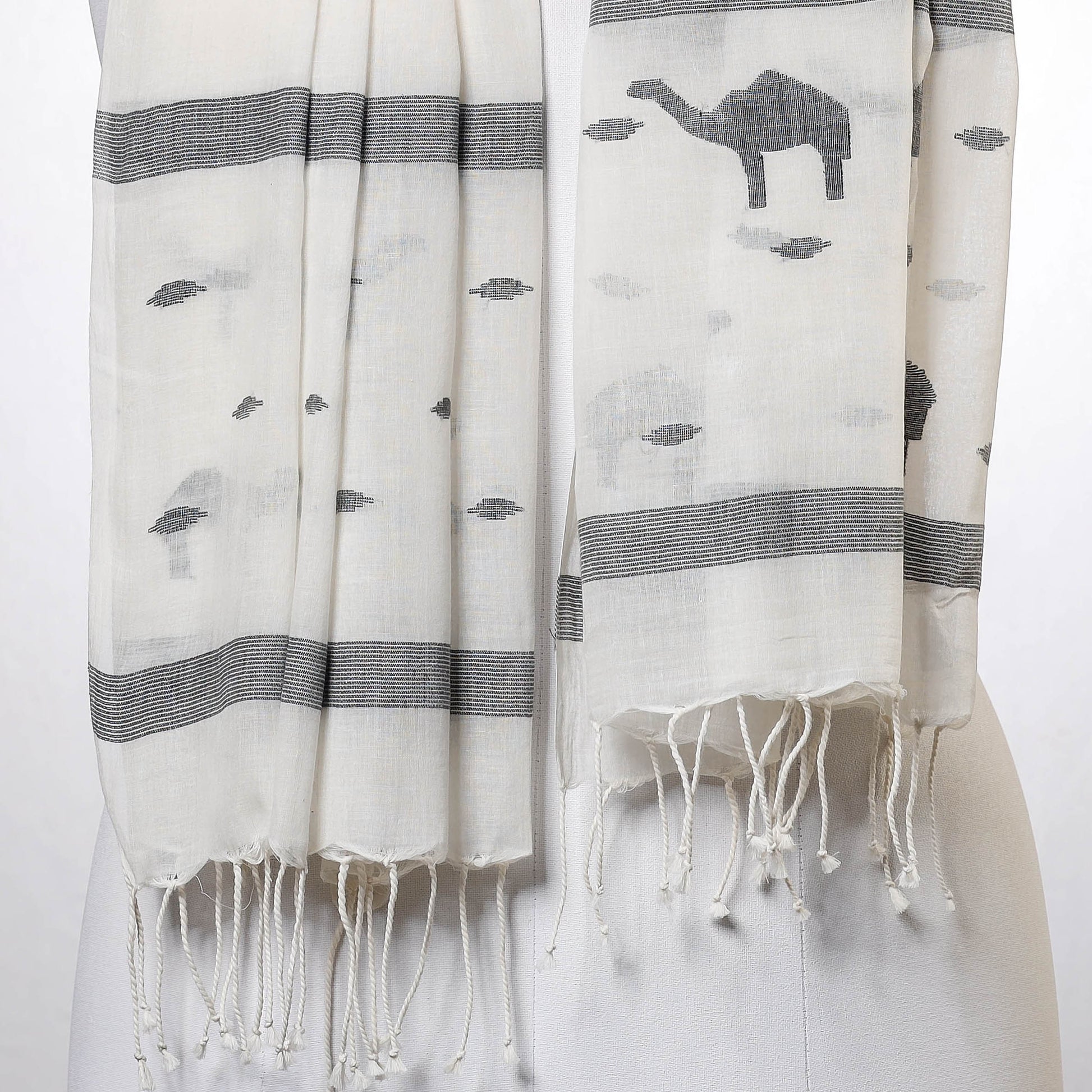 Beige - Phulia Jamdani Handloom Cotton Stole with Tassels