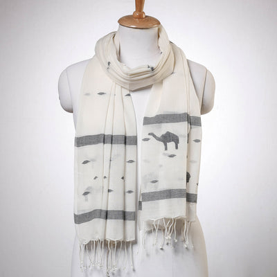 Beige - Phulia Jamdani Handloom Cotton Stole with Tassels