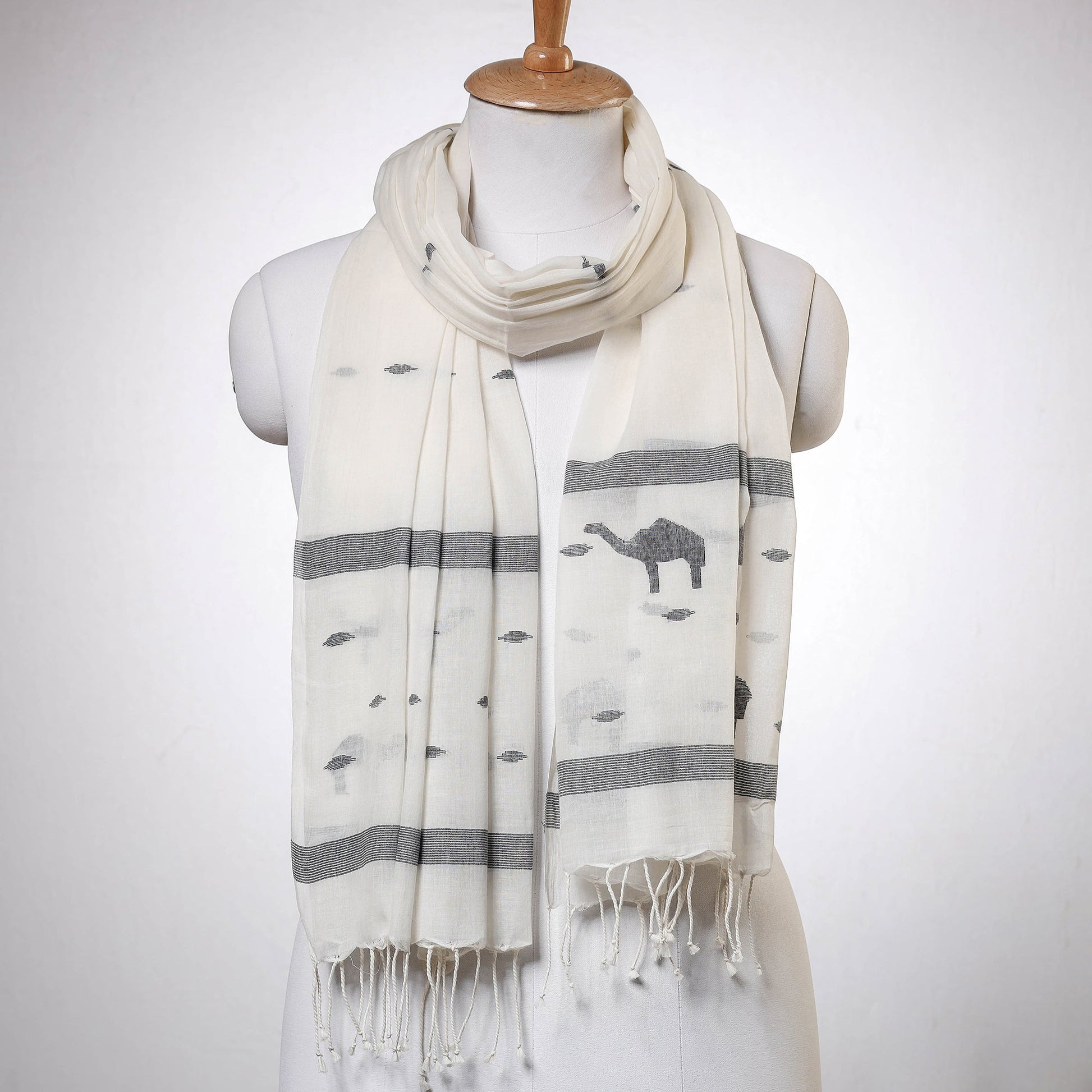 Beige - Phulia Jamdani Handloom Cotton Stole with Tassels