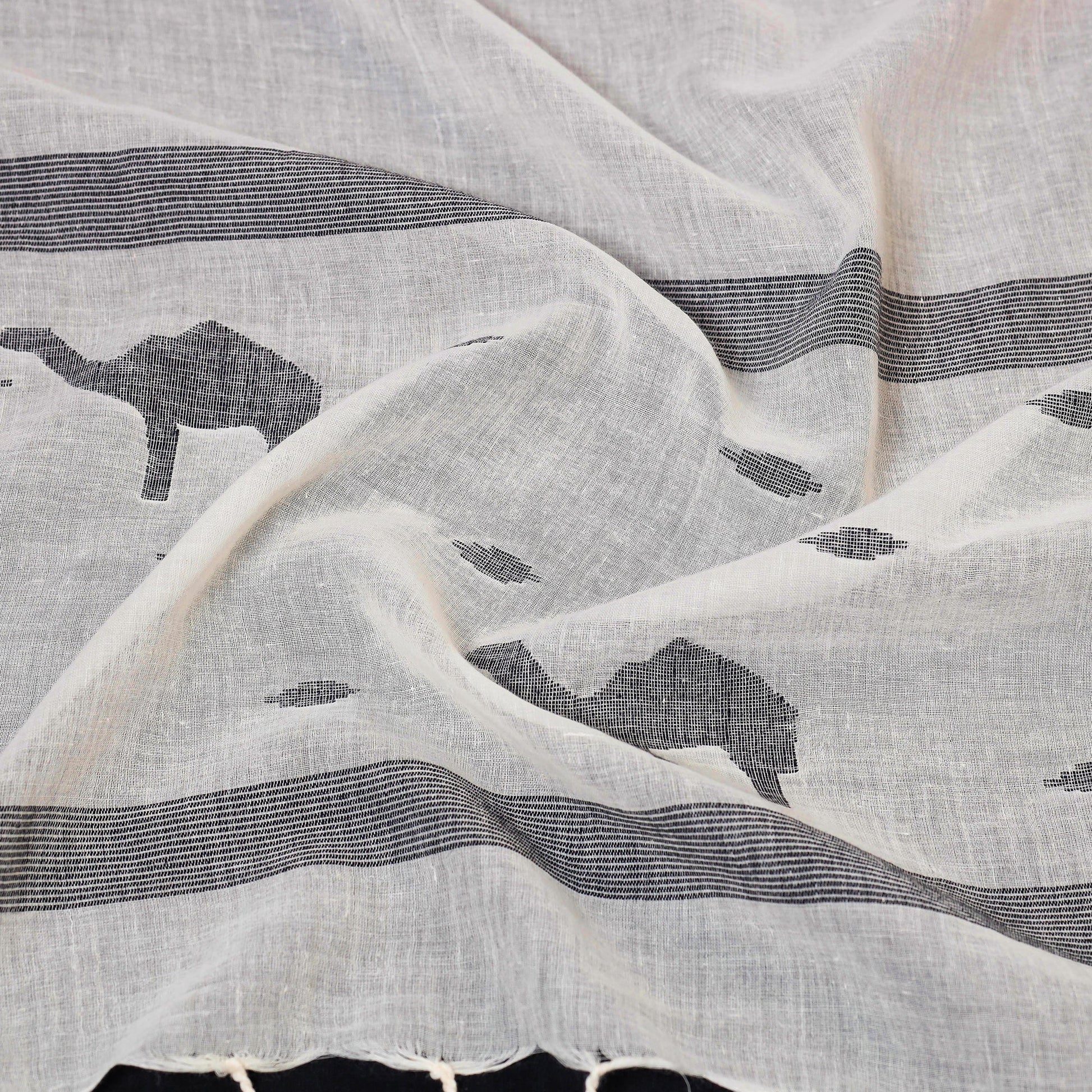 Beige - Phulia Jamdani Handloom Cotton Stole with Tassels