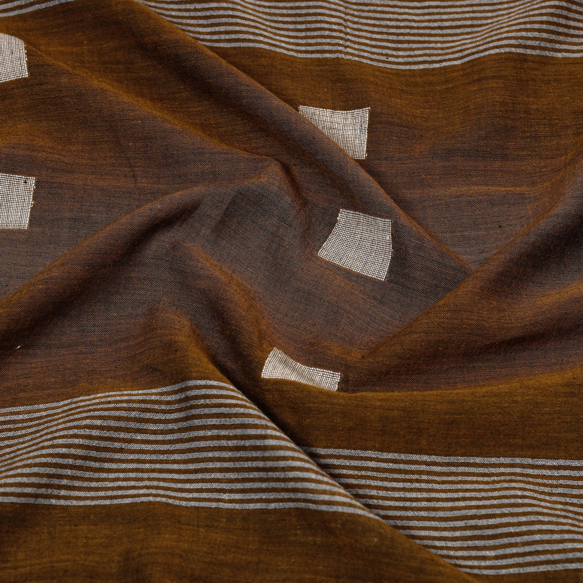 Brown - Phulia Jamdani Handloom Cotton Stole with Tassels